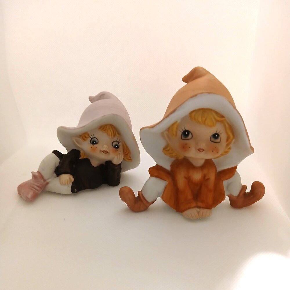 HOMCO 5213 Fairy Gnome Pixie Elf Set of 2 Figurines Flower Vintage